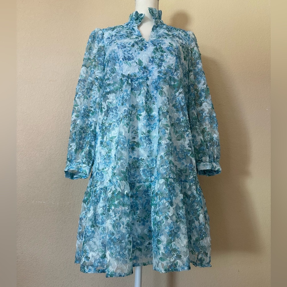 Tuckernuck Water's Edge Hydrangea Organza Palmerston Mini Dress Long Sleeve M - Picture 5 of 15